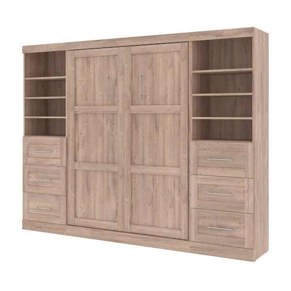 Pur Full Murphy Bed and 2 Storage Units with Drawers (109W) in rustic brown